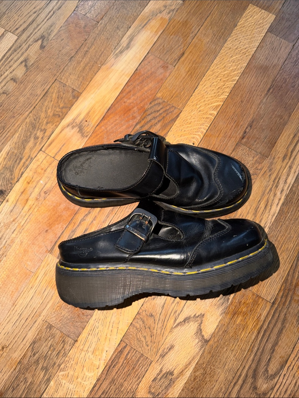 Dr. Martens Black Leather Buckle Mule with Yellow Stitching